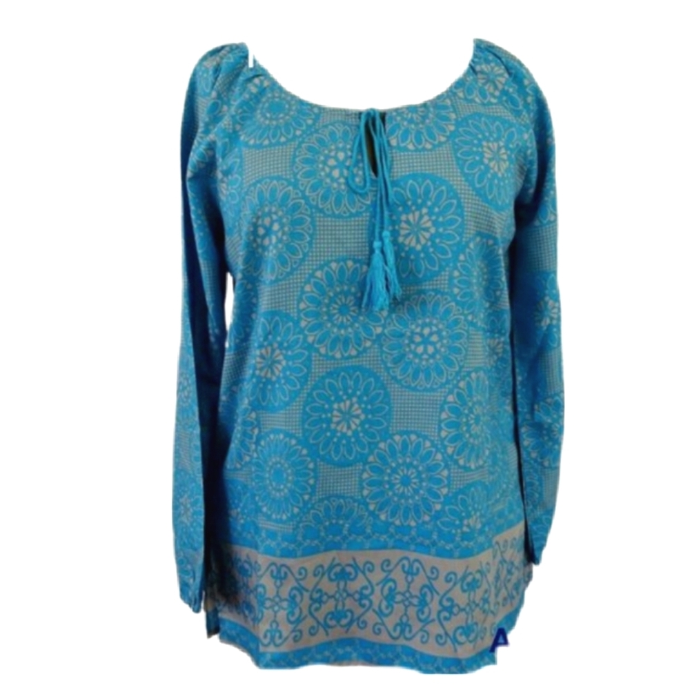 Boho Blue & Taupe Mandala Design Long Sleeve Tunic Top